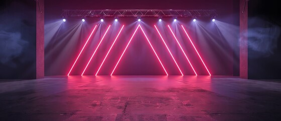 Neon lights illuminate a dark stage with spotlights.