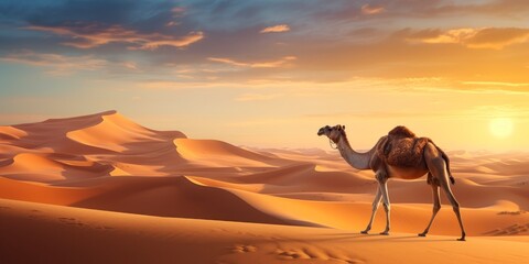 Camel in the desert at sunset.
