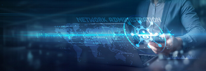 Businessman using laptop and mobile on global network connection of network administration solutions, digital infrastructure management, network security technology, communication and connectivity.
