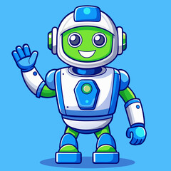 Cartoon character robot stands on two legs and waves his hand. Vector illustration