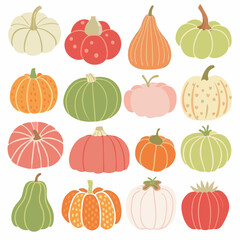 A set of different colored pumpkins