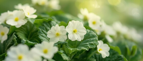 A charming garden scene with clusters of delicate primrose flowers, banner, with copy space