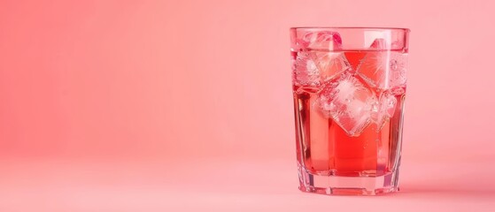 A chilled rose apple juice in a clear glass with ice cubes, banner, with copy space