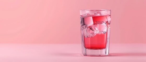 A chilled rose apple juice in a clear glass with ice cubes, banner, with copy space