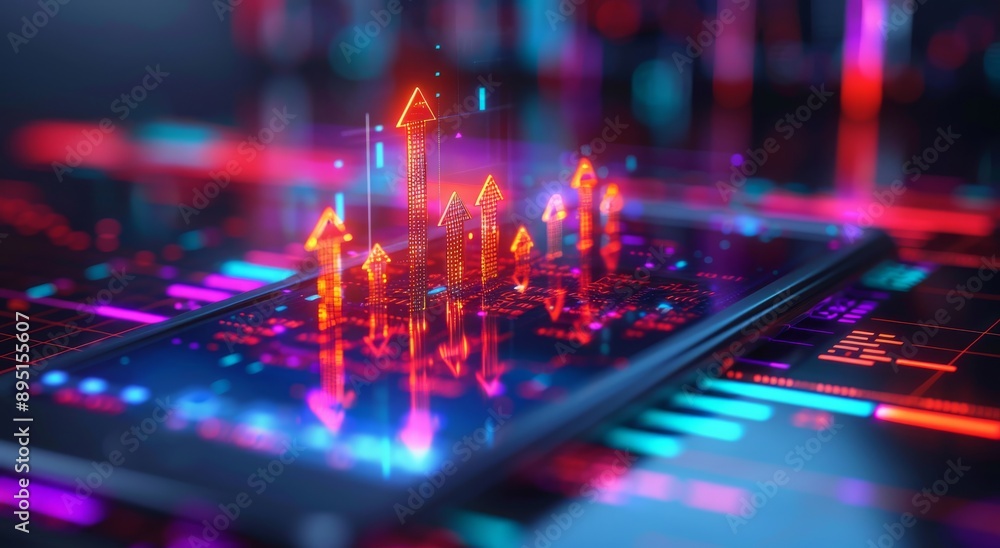 Poster vibrant digital financial growth depicted through rising graphs and data analytics on a virtual scre