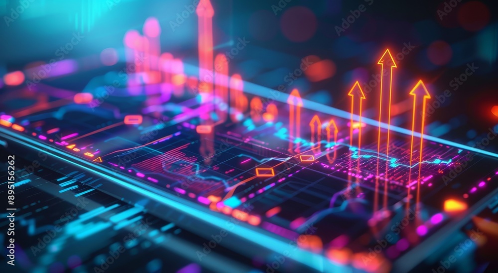 Poster vibrant digital financial growth depicted through rising graphs and data analytics on a virtual scre
