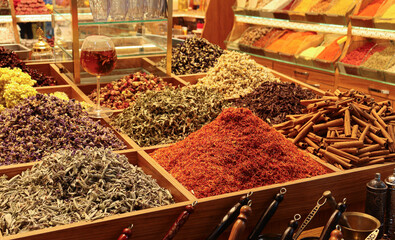 Different oriental and middle eastern dry spices and food condiments in bazaar shop