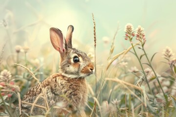 Fototapeta premium A rabbit is showcased in an ultramodern, supernatural scene, featuring a rabbit hopping through a mystical meadow with ample copy space