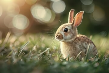 Fototapeta premium A rabbit is showcased in an ultramodern, supernatural scene, featuring a rabbit hopping through a mystical meadow with ample copy space