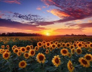 Obraz premium A colorful sunset over a sunflower field, with the flowers turning towards the fading light.