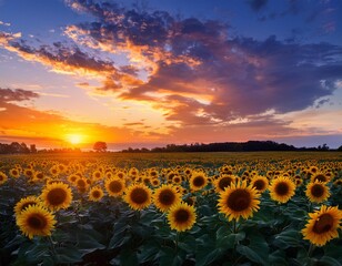 Obraz premium A colorful sunset over a sunflower field, with the flowers turning towards the fading light.