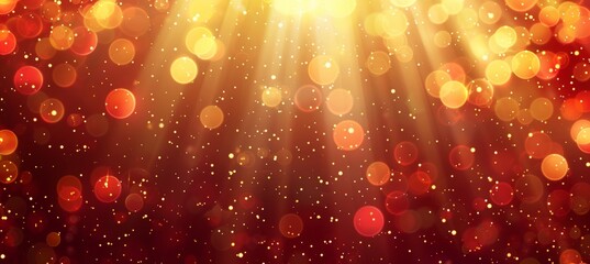 Vibrant red light burst  abstract radiant rays on dark red with red, orange, and golden sparkles