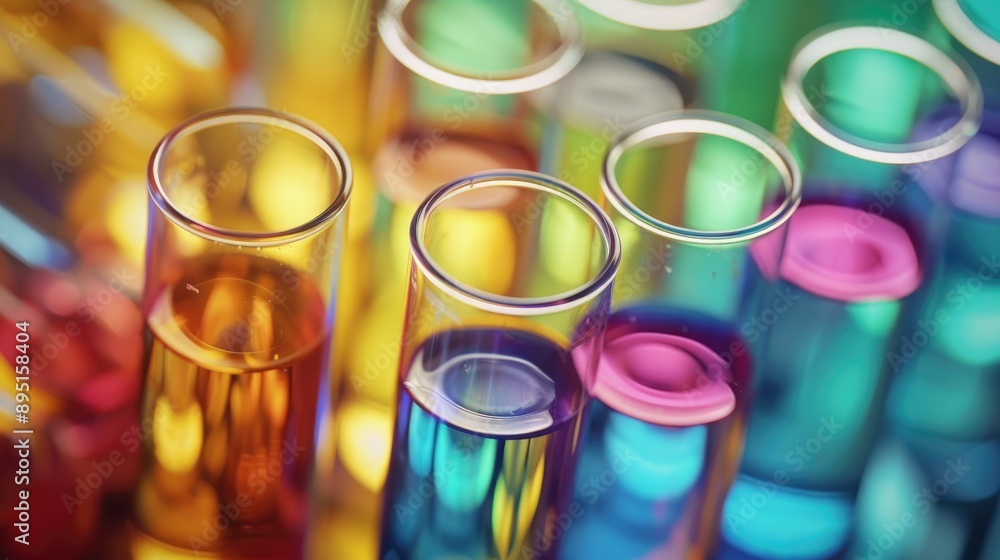 Poster close up high angle view of colorful liquid filled test tubes in a laboratory with space for text