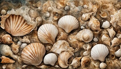 Abstract image shows a collection of seashells