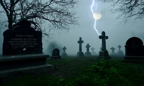 A fog-covered graveyard with old, crumbling tombstones (mov)