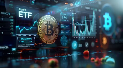 Obraz premium Digital representation of cryptocurrency trading market analysis involving Bitcoin, ETFs, and charts
