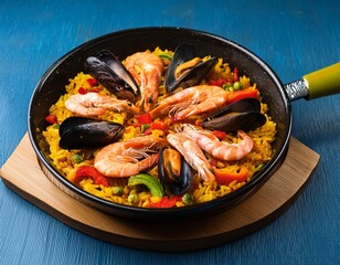 A fresh seafood paella with saffron rice, shrimp, mussels, and colorful bell peppers.