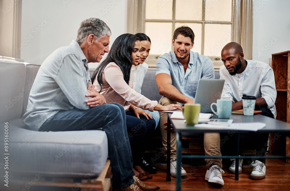 Poster business people, laptop and meeting in office lounge for project management planning, ideas and visi