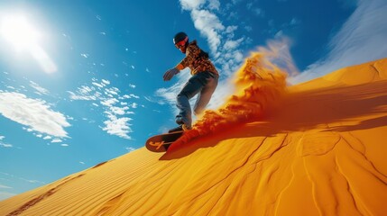 Sandboarding in Desert Thrill A sandboarder gliding down a steep dune in the desert