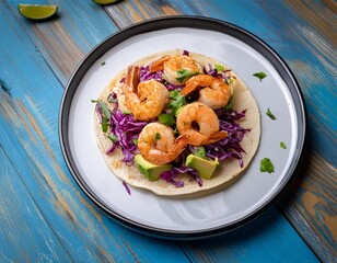 A gourmet taco with grilled shrimp, avocado, red cabbage slaw, and a sprinkle of cilantro.