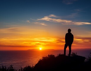 A lone figure silhouetted against a vibrant sunset, contemplating the horizon