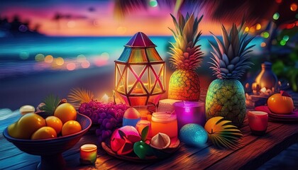 Fototapeta premium Party fruits and lamp lighting to enjoy at the sea