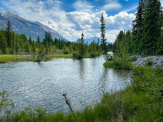 The Bow river winds its way through Canmore, Alberta.
