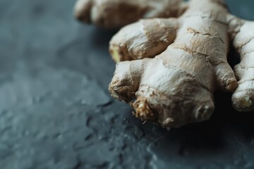 Fototapeta premium Ginger is showcased in an ultramodern banner with a supernatural scene of fresh, vibrant ginger roots, featuring ample copy space