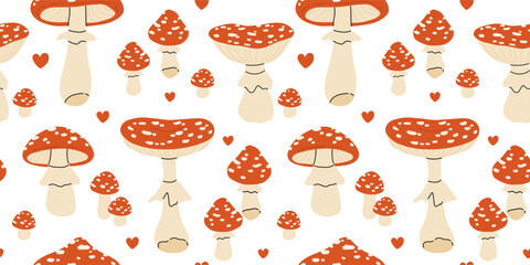 Fly agarics seamless pattern. Mushrooms with red cap and mold. Hallucinogenic food. Amanita muscaria collection isolated on white background. Toxic fungi. Vector background.