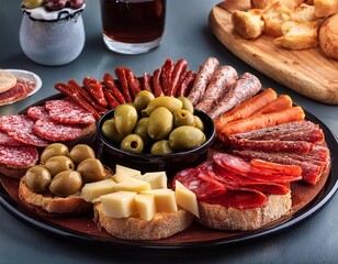 A platter of tapas with a variety of small bites, including olives, chorizo, and manchego