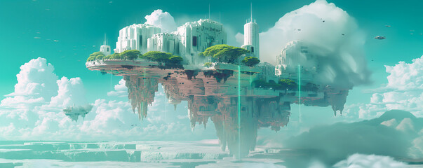 Sustainable Futuristic City Block Spaceship Hovers over Arctic Desert Landscape. Green High-Tech Urban Design, Cloudy Sky, Eco-Friendly, Advanced Aerospace Technology, Surreal Sci-Fi, Cyber, Cinematic
