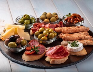 A platter of tapas with a variety of small bites, including olives, chorizo, and manchego