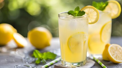 Fototapeta premium Refreshing Summer Lemonade with Lemon Slices and Mint