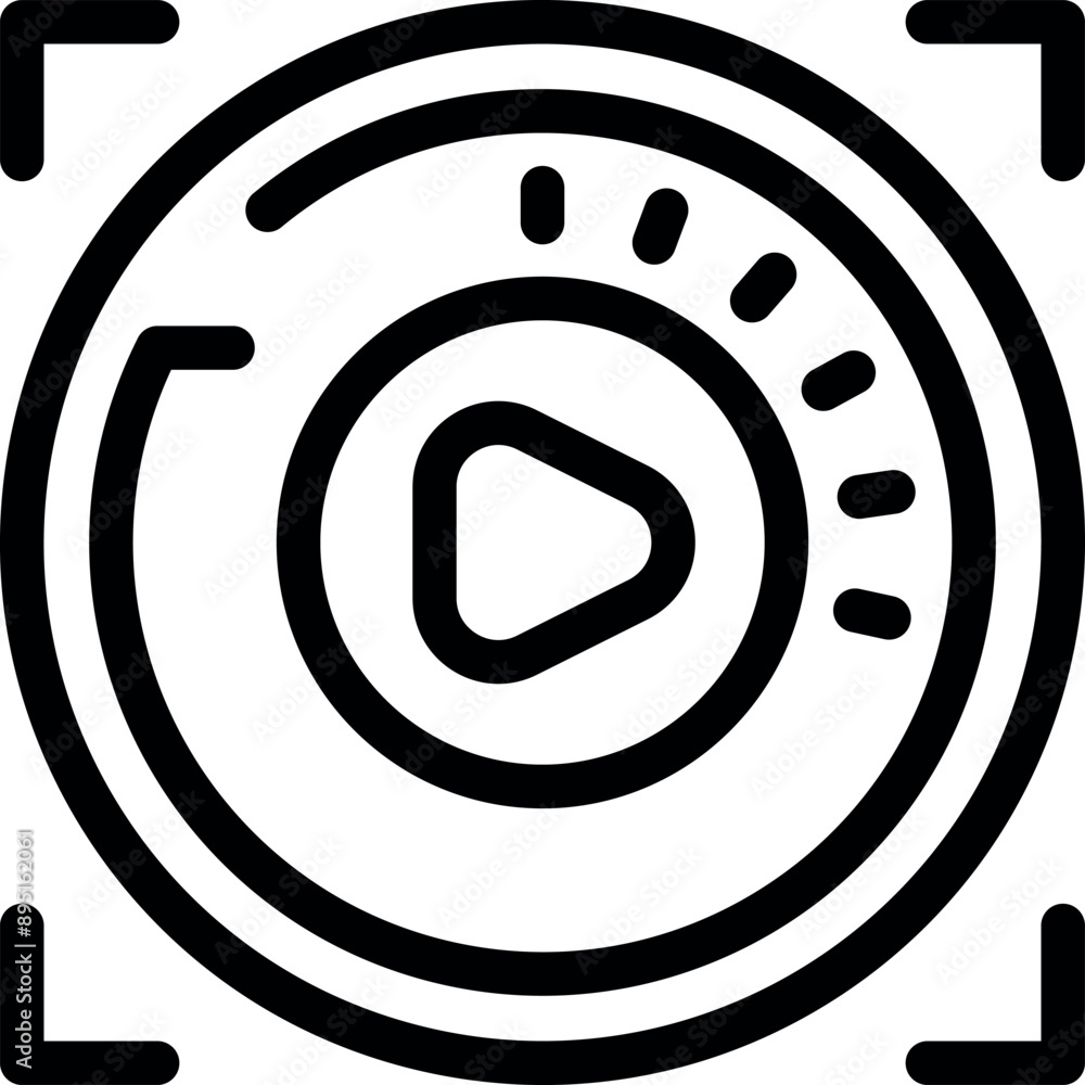 Poster simple line icon of a video camera viewfinder showing a play button and a loading icon