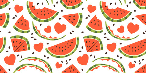 Seamless pattern with watermelon, color background. Bright summer design for postcards, holidays, decorations. Vector illustration. Pattern with fruit.
