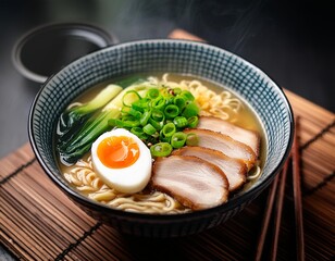 A steaming bowl of ramen with rich broth, noodles, sliced pork, soft-boiled egg, and fresh