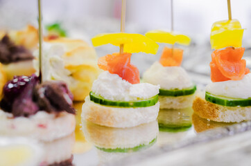 Assorted Canapes with Salmon and Cream. Close-up of assorted canapes with salmon, cream cheese, and cucumber on a reflective tray. Horizontal photo