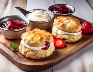 A rustic wooden board with freshly baked scones, clotted cream, and strawberry jam.