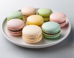 A selection of macarons in pastel colors, arranged neatly on a white plate.