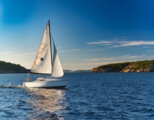 Fototapeta premium A sailboat gliding across a calm bay, with the sails catching the summer breeze and the sun
