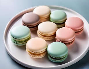 Obraz premium A selection of macarons in pastel colors, arranged neatly on a white plate.