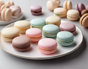 Obraz premium A selection of macarons in pastel colors, arranged neatly on a white plate.