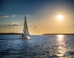 A sailboat gliding across a calm bay, with the sails catching the summer breeze and the sun