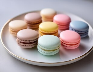 A selection of macarons in pastel colors, arranged neatly on a white plate.