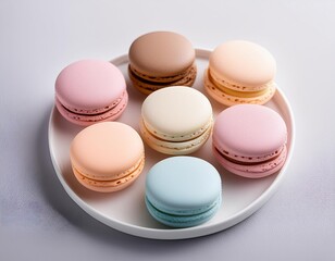 Fototapeta premium A selection of macarons in pastel colors, arranged neatly on a white plate.