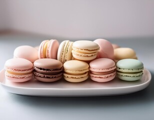 Obraz premium A selection of macarons in pastel colors, arranged neatly on a white plate.