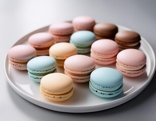 Obraz premium A selection of macarons in pastel colors, arranged neatly on a white plate.
