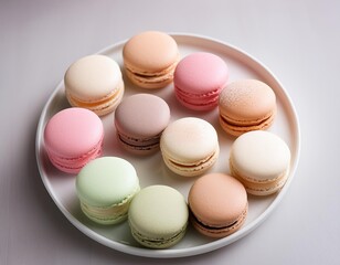 Obraz premium A selection of macarons in pastel colors, arranged neatly on a white plate.
