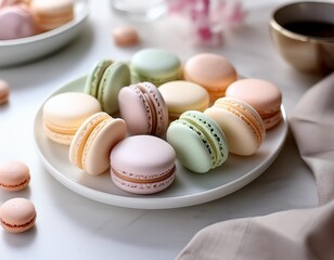 Obraz premium A selection of macarons in pastel colors, arranged neatly on a white plate.