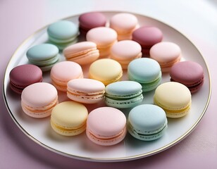 Obraz premium A selection of macarons in pastel colors, arranged neatly on a white plate.